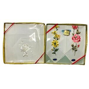 Vintage Handkerchief Lot Four Floral Pink Yellow White Cotton Ladies Switzerland